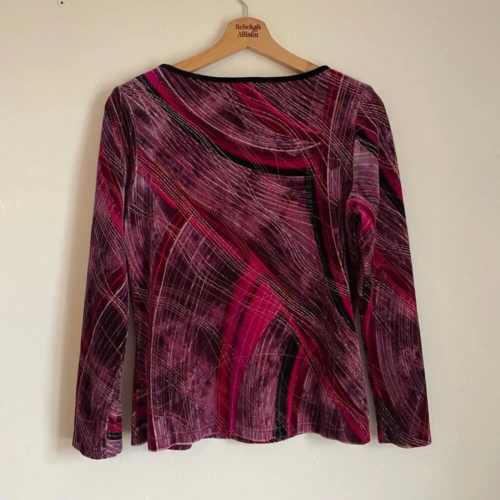 VTG Y2K Pink Metallic Velvet Long Sleeve Bow Neckline SZ SMALL Clueless 90s EUC - Picture 7 of 10